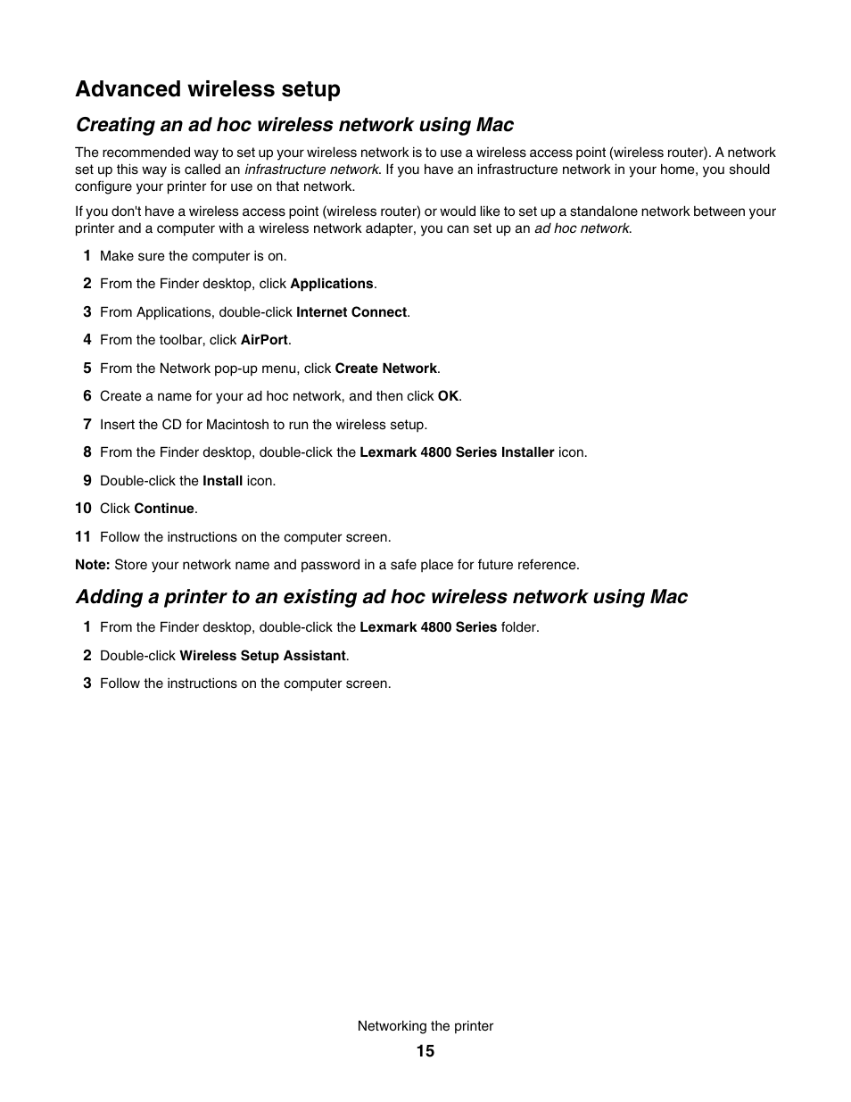 Advanced wireless setup, Creating an ad hoc wireless network using mac | Lexmark 4800 User Manual | Page 15 / 166