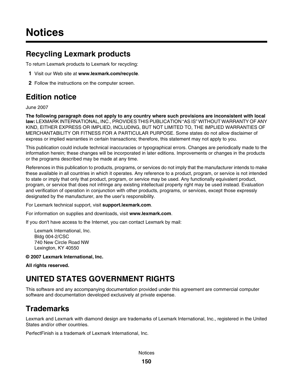 Notices, Recycling lexmark products, Edition notice | United states government rights, Trademarks | Lexmark 4800 User Manual | Page 150 / 166