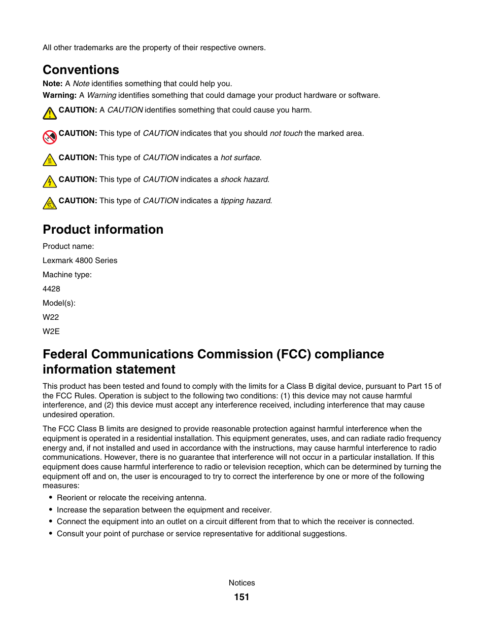 Conventions, Product information | Lexmark 4800 User Manual | Page 151 / 166