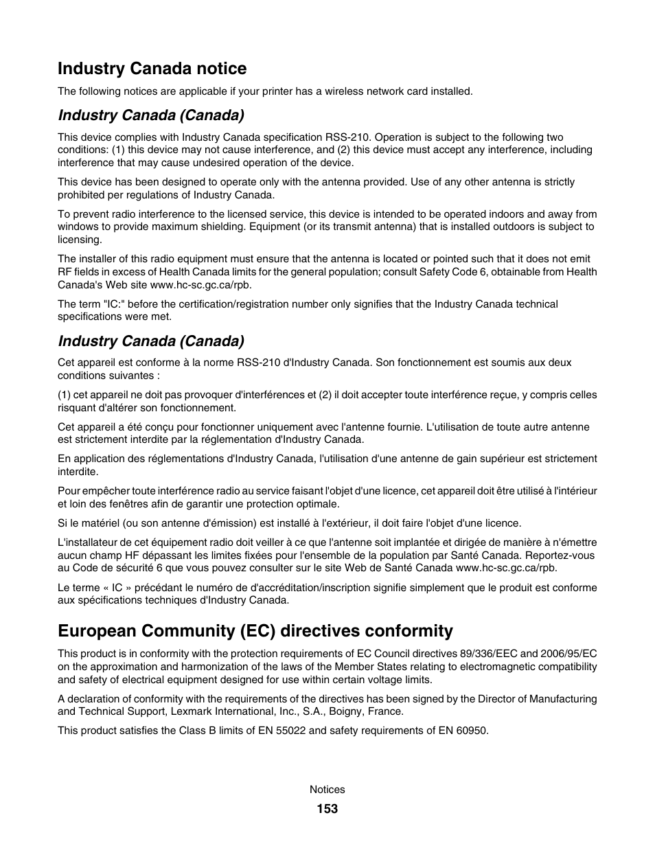 Industry canada notice, European community (ec) directives conformity, Industry canada (canada) | Lexmark 4800 User Manual | Page 153 / 166
