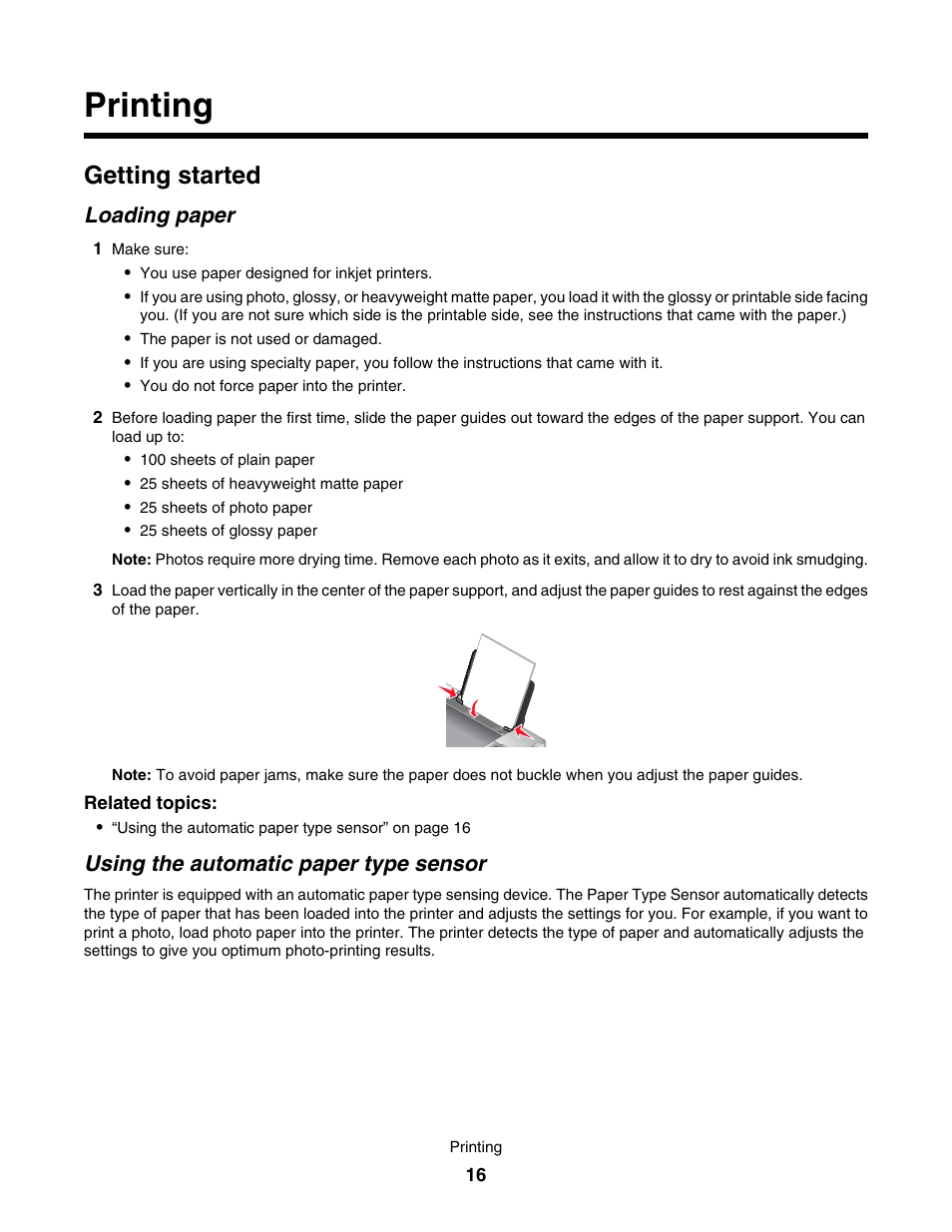 Printing, Getting started, Loading paper | Using the automatic paper type sensor | Lexmark 4800 User Manual | Page 16 / 166