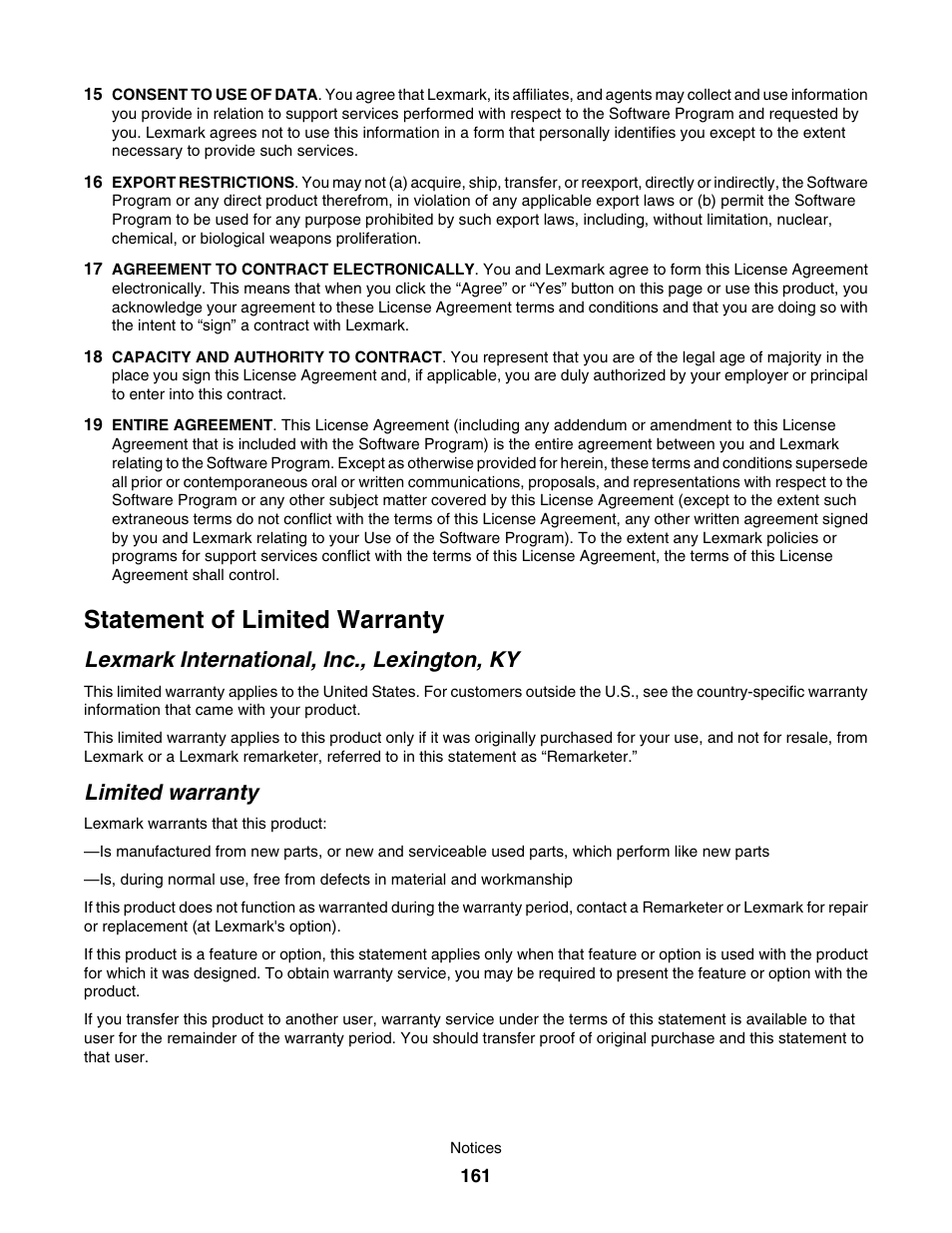 Statement of limited warranty, Lexmark international, inc., lexington, ky, Limited warranty | Lexmark 4800 User Manual | Page 161 / 166