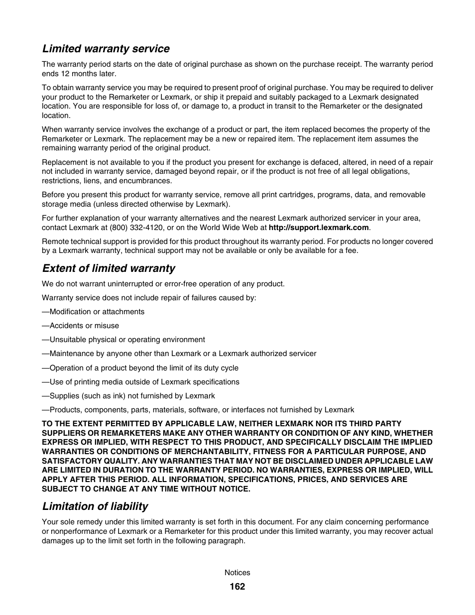 Limited warranty service, Extent of limited warranty, Limitation of liability | Lexmark 4800 User Manual | Page 162 / 166