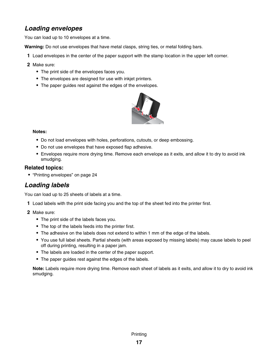 Loading envelopes, Loading labels | Lexmark 4800 User Manual | Page 17 / 166