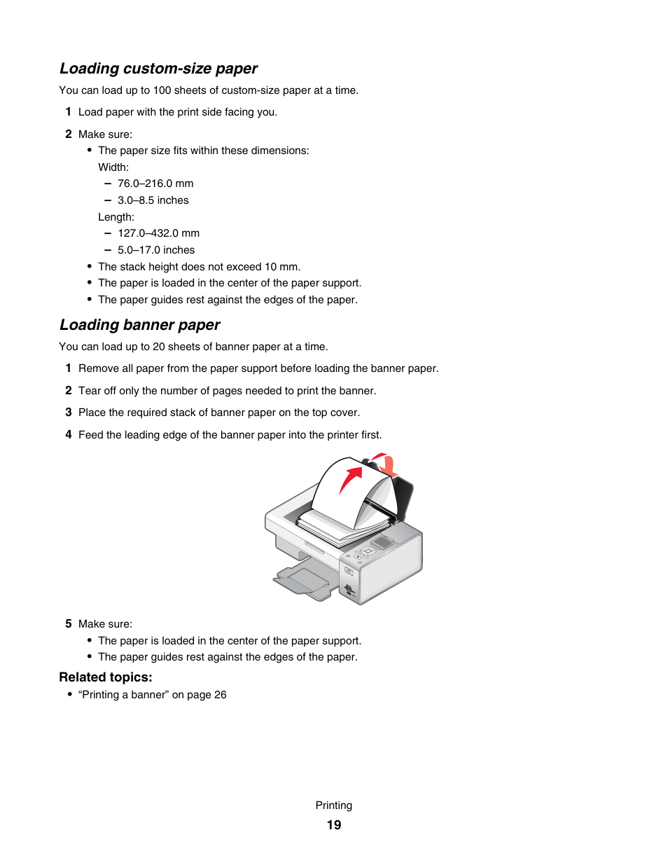 Loading custom-size paper, Loading banner paper | Lexmark 4800 User Manual | Page 19 / 166