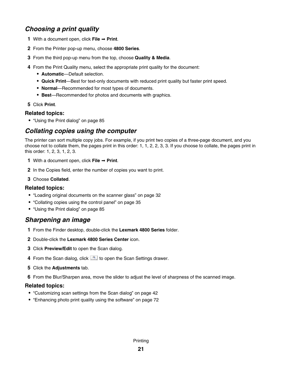 Choosing a print quality, Collating copies using the computer, Sharpening an image | Lexmark 4800 User Manual | Page 21 / 166