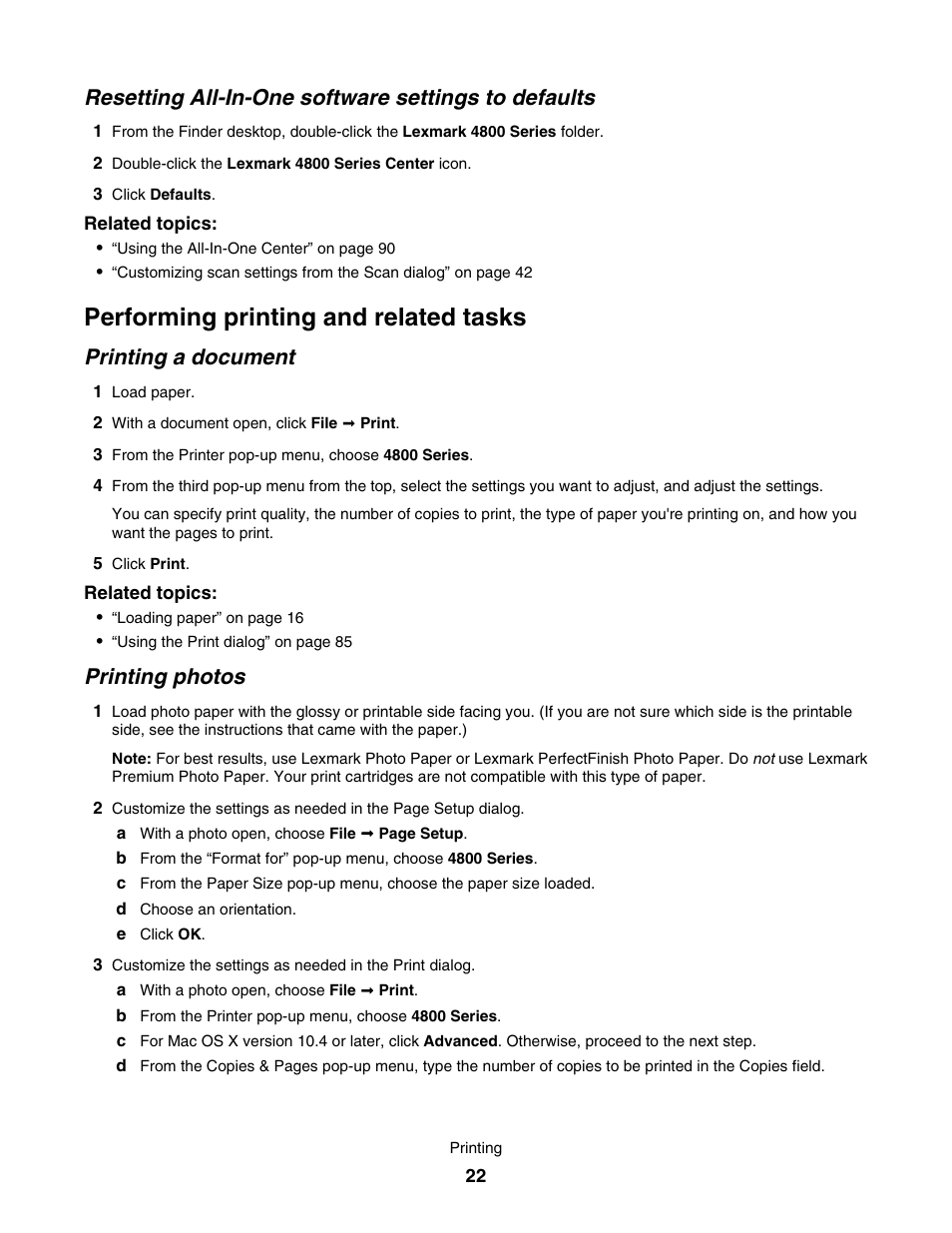 Resetting all-in-one software settings to defaults, Performing printing and related tasks, Printing a document | Printing photos | Lexmark 4800 User Manual | Page 22 / 166