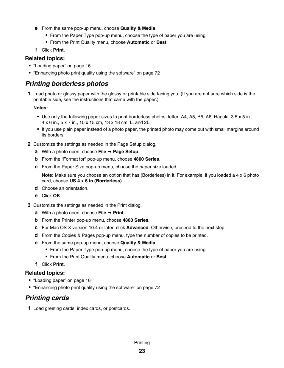 Printing borderless photos, Printing cards | Lexmark 4800 User Manual | Page 23 / 166