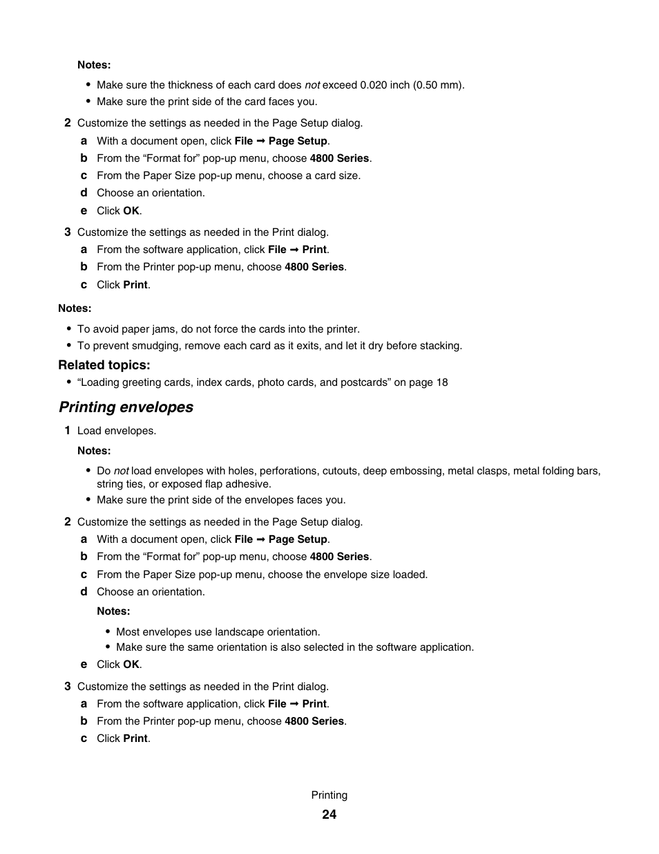 Printing envelopes | Lexmark 4800 User Manual | Page 24 / 166