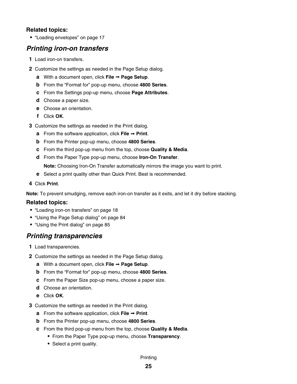 Printing iron-on transfers, Printing transparencies | Lexmark 4800 User Manual | Page 25 / 166