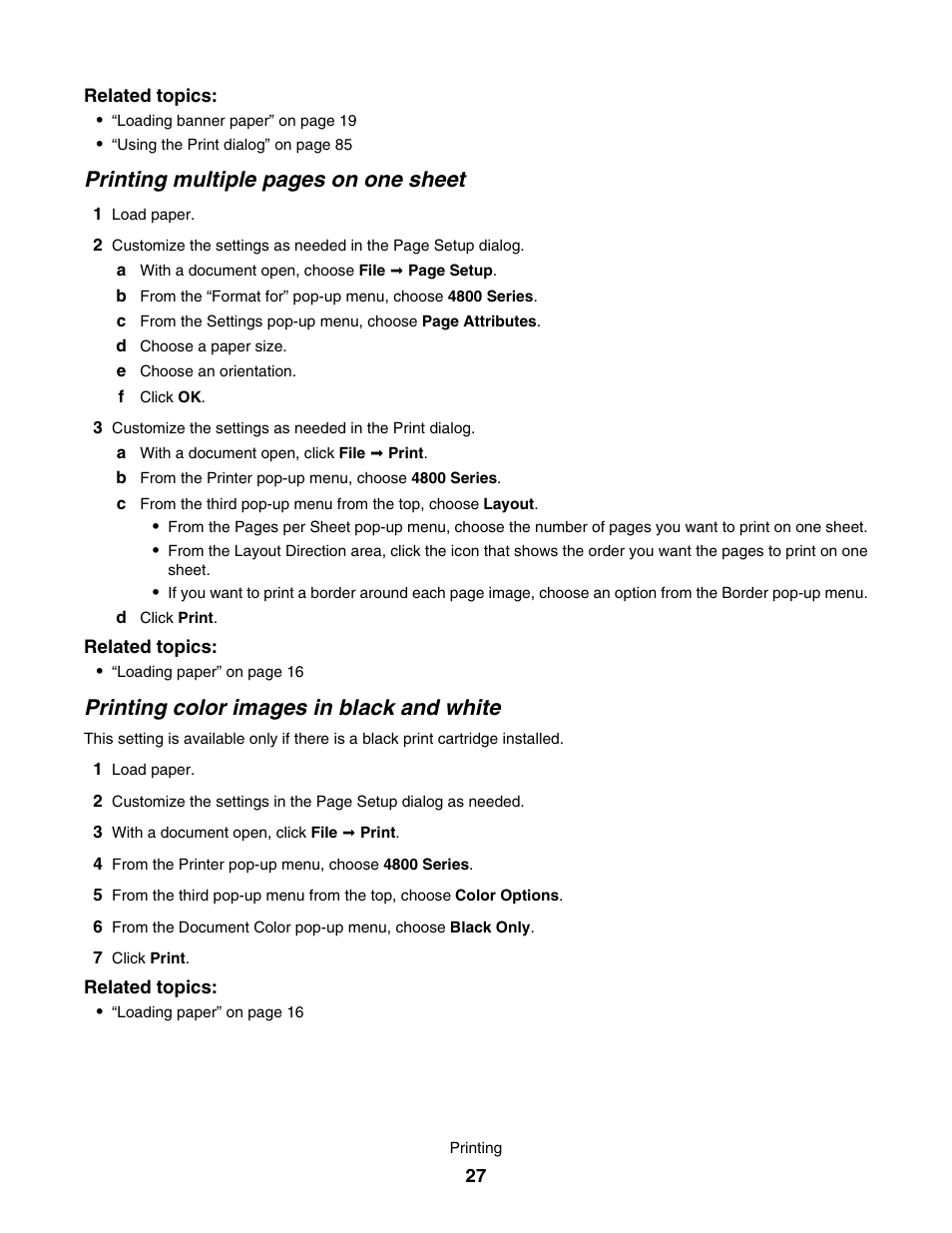 Printing color images in black and white, Printing multiple pages on one sheet | Lexmark 4800 User Manual | Page 27 / 166