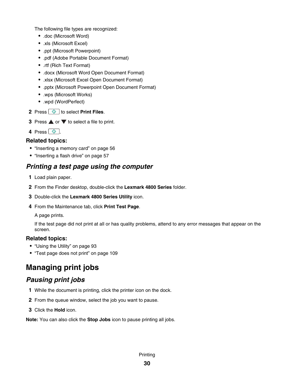 Managing print jobs, Pausing print jobs, Printing a test page using the computer | Lexmark 4800 User Manual | Page 30 / 166