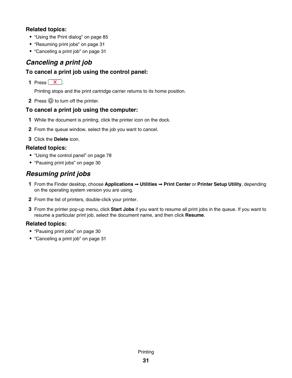 Canceling a print job, Resuming print jobs | Lexmark 4800 User Manual | Page 31 / 166