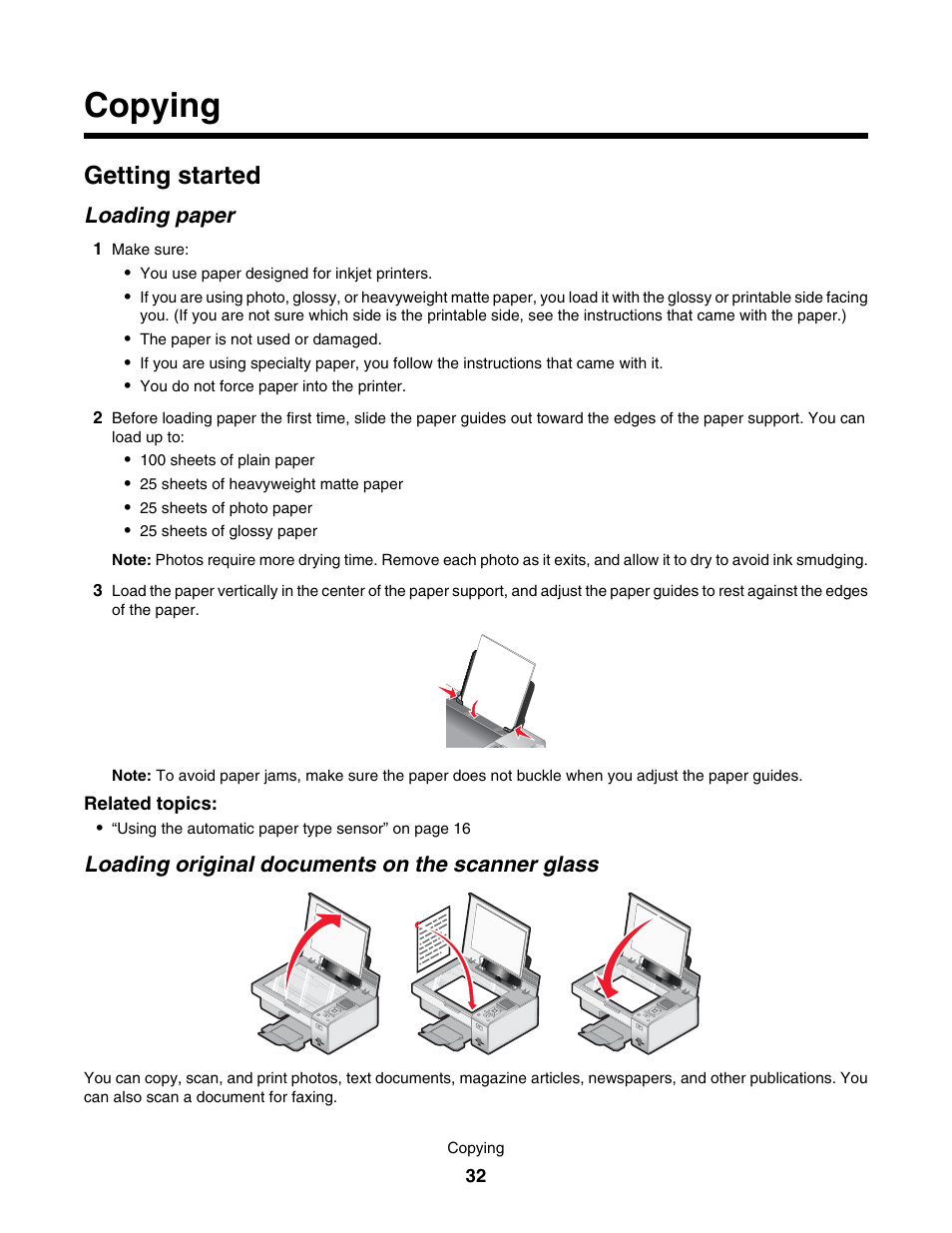 Copying, Getting started, Loading paper | Loading original documents on the scanner glass | Lexmark 4800 User Manual | Page 32 / 166