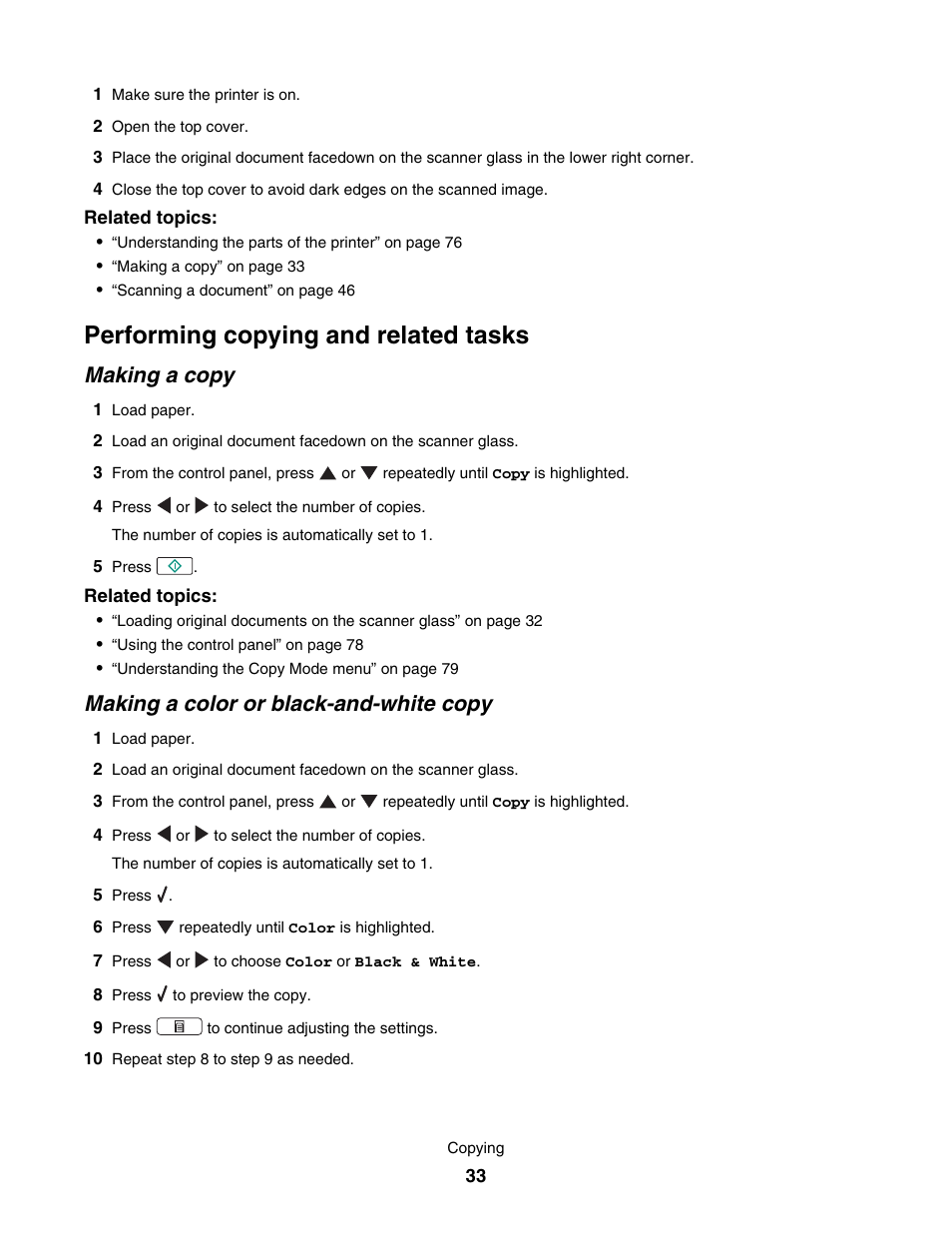 Performing copying and related tasks, Making a copy, Making a color or black-and-white copy | Lexmark 4800 User Manual | Page 33 / 166