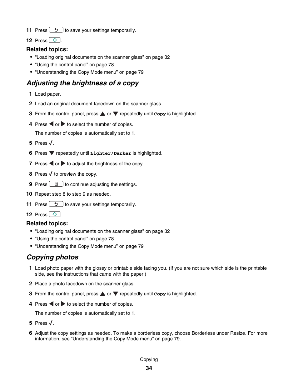 Adjusting the brightness of a copy, Copying photos | Lexmark 4800 User Manual | Page 34 / 166