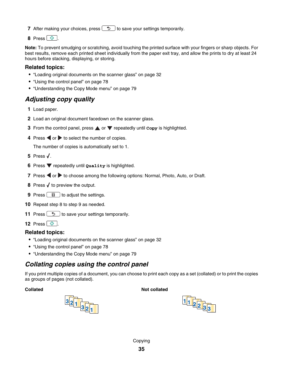 Adjusting copy quality, Collating copies using the control panel | Lexmark 4800 User Manual | Page 35 / 166