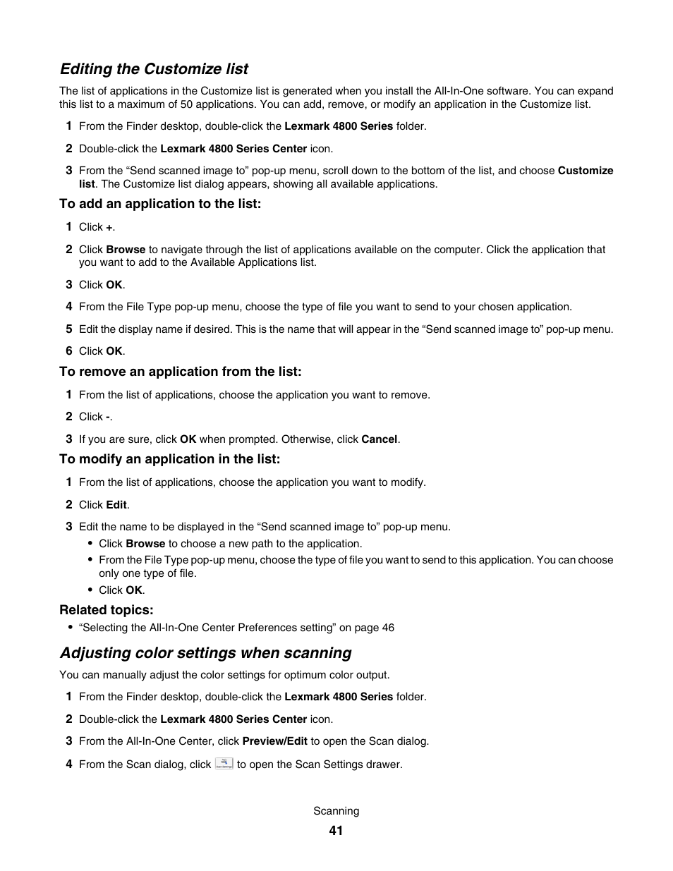 Editing the customize list, Adjusting color settings when scanning | Lexmark 4800 User Manual | Page 41 / 166
