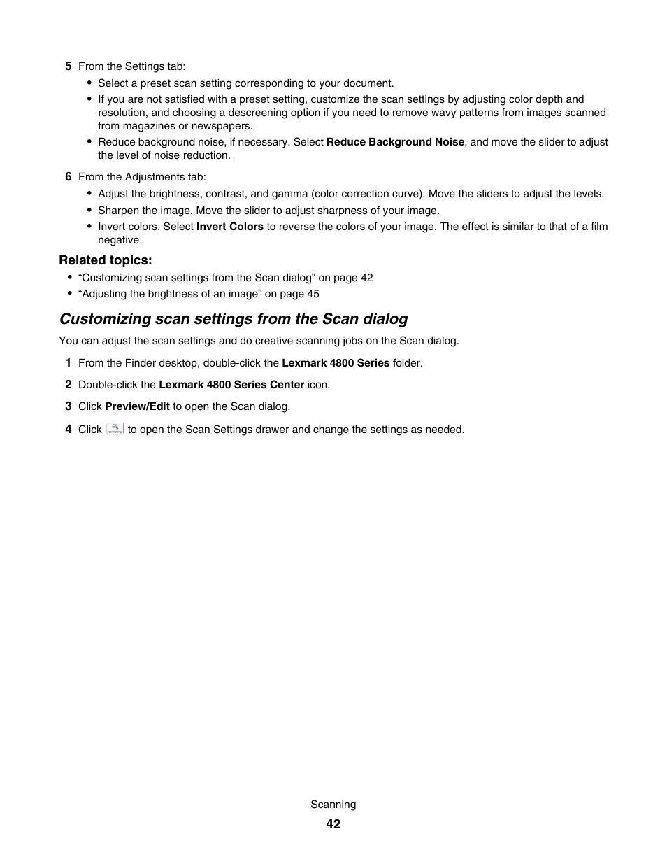 Customizing scan settings from the scan dialog | Lexmark 4800 User Manual | Page 42 / 166