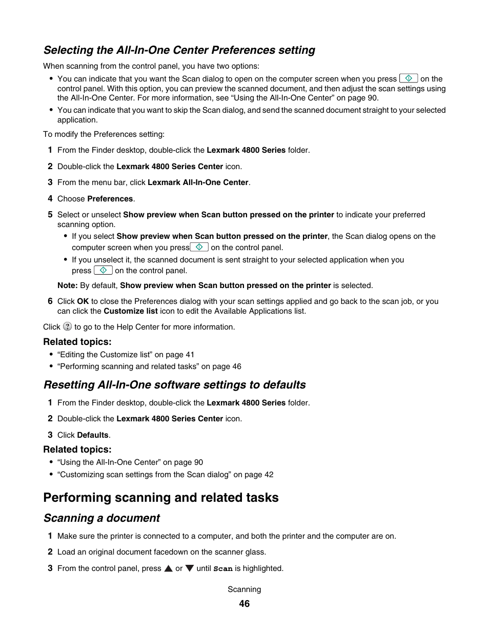 Resetting all-in-one software settings to defaults, Performing scanning and related tasks, Scanning a document | Lexmark 4800 User Manual | Page 46 / 166
