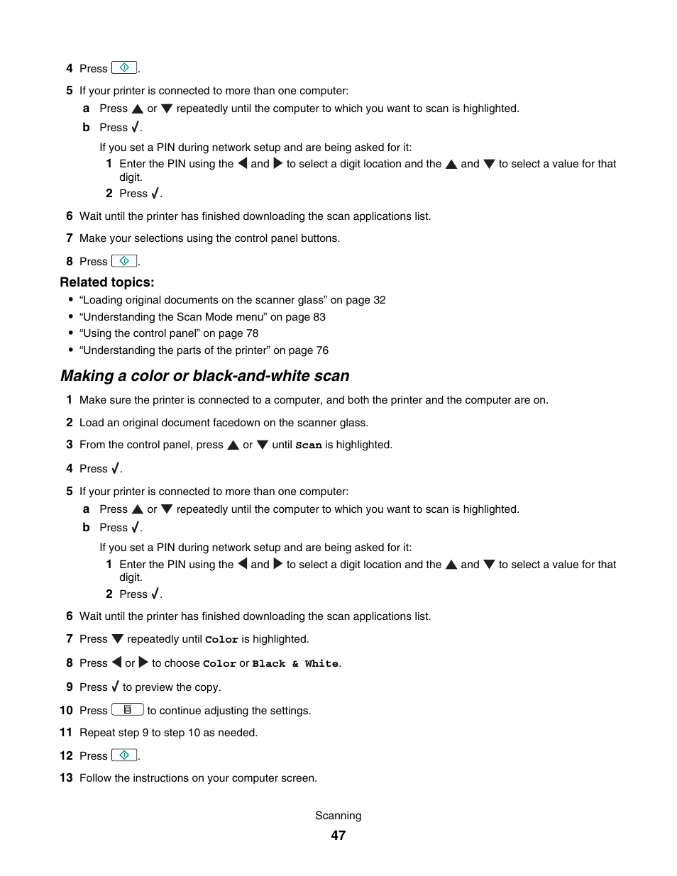 Making a color or black-and-white scan | Lexmark 4800 User Manual | Page 47 / 166