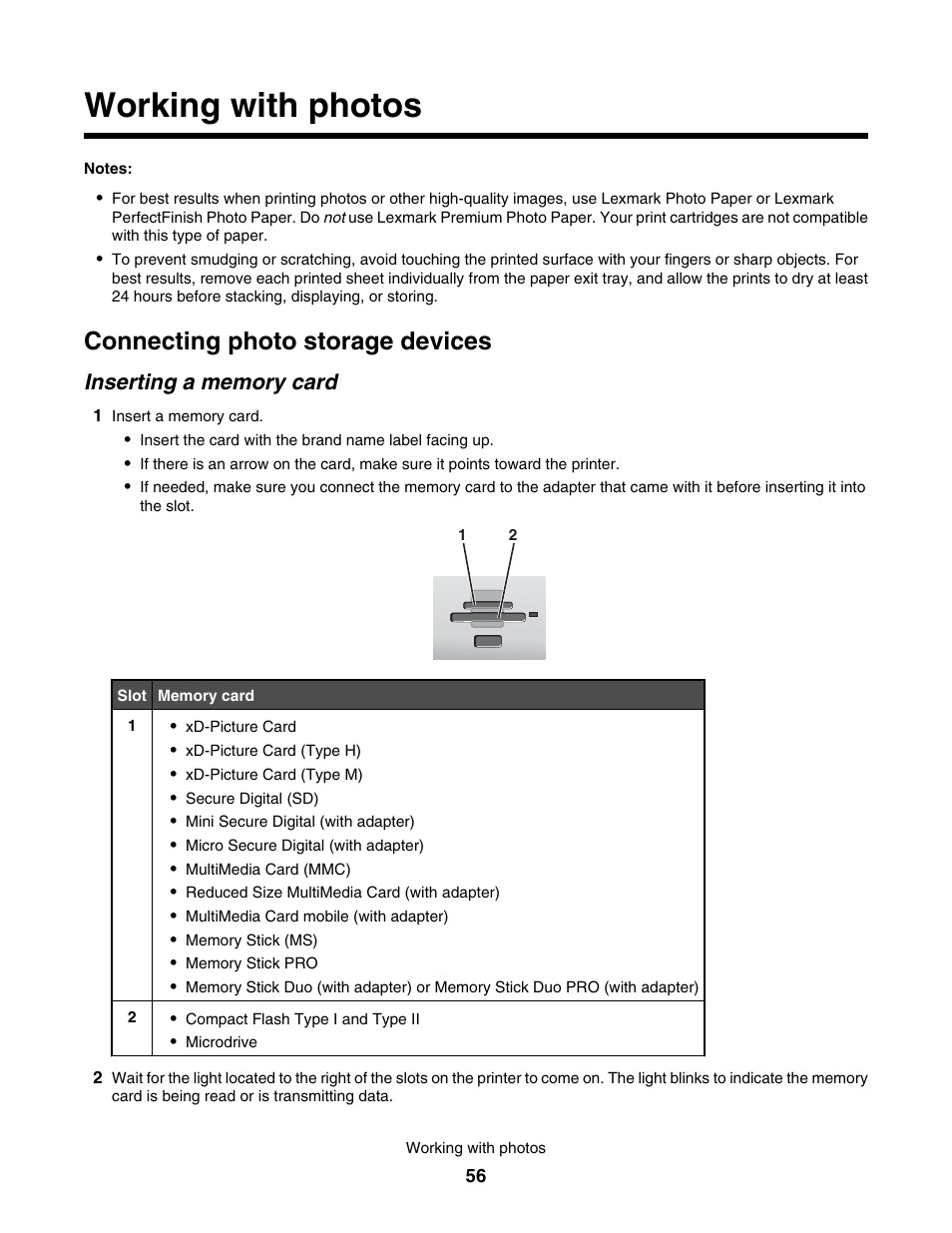 Working with photos, Connecting photo storage devices, Inserting a memory card | Lexmark 4800 User Manual | Page 56 / 166