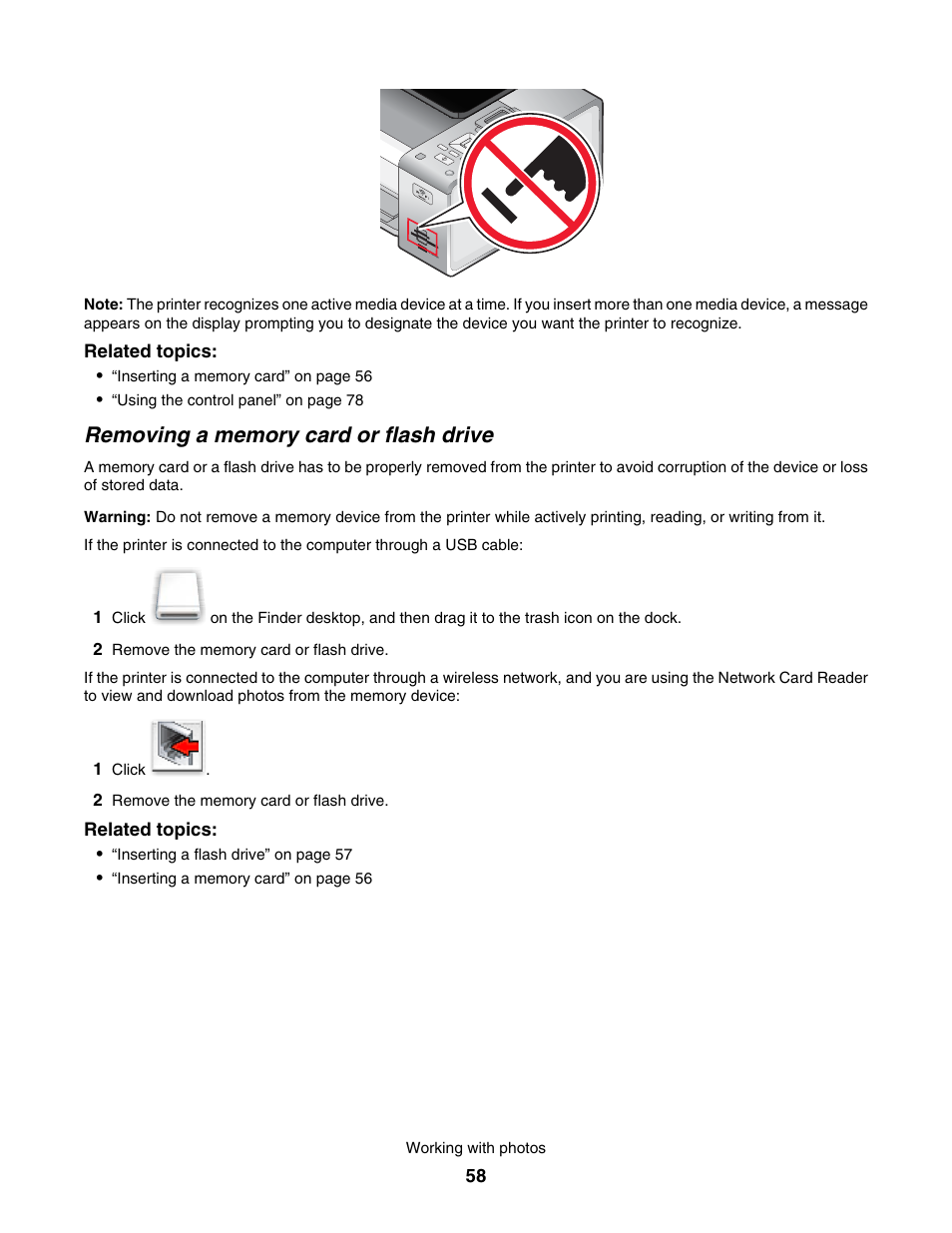 Removing a memory card or flash drive | Lexmark 4800 User Manual | Page 58 / 166