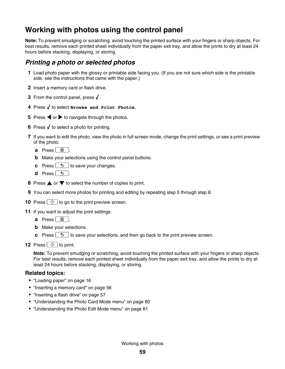 Working with photos using the control panel, Printing a photo or selected photos | Lexmark 4800 User Manual | Page 59 / 166