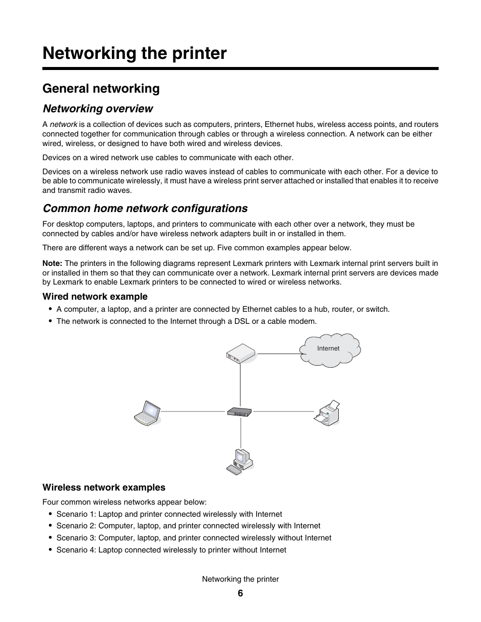 Networking the printer, General networking, Networking overview | Common home network configurations | Lexmark 4800 User Manual | Page 6 / 166