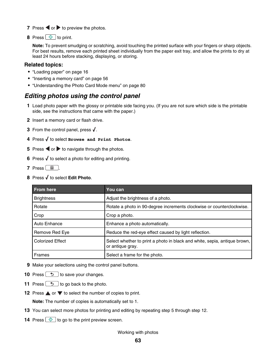 Editing photos using the control panel | Lexmark 4800 User Manual | Page 63 / 166