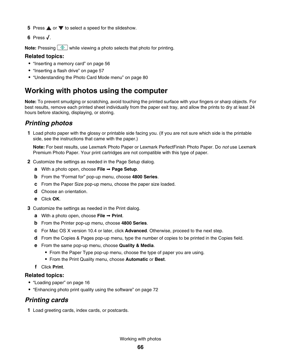 Working with photos using the computer, Printing photos, Printing cards | Lexmark 4800 User Manual | Page 66 / 166