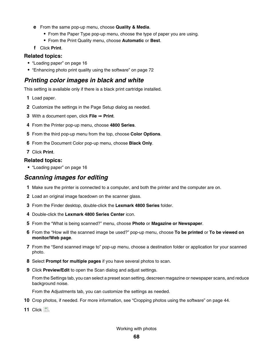 Printing color images in black and white, Scanning images for editing | Lexmark 4800 User Manual | Page 68 / 166