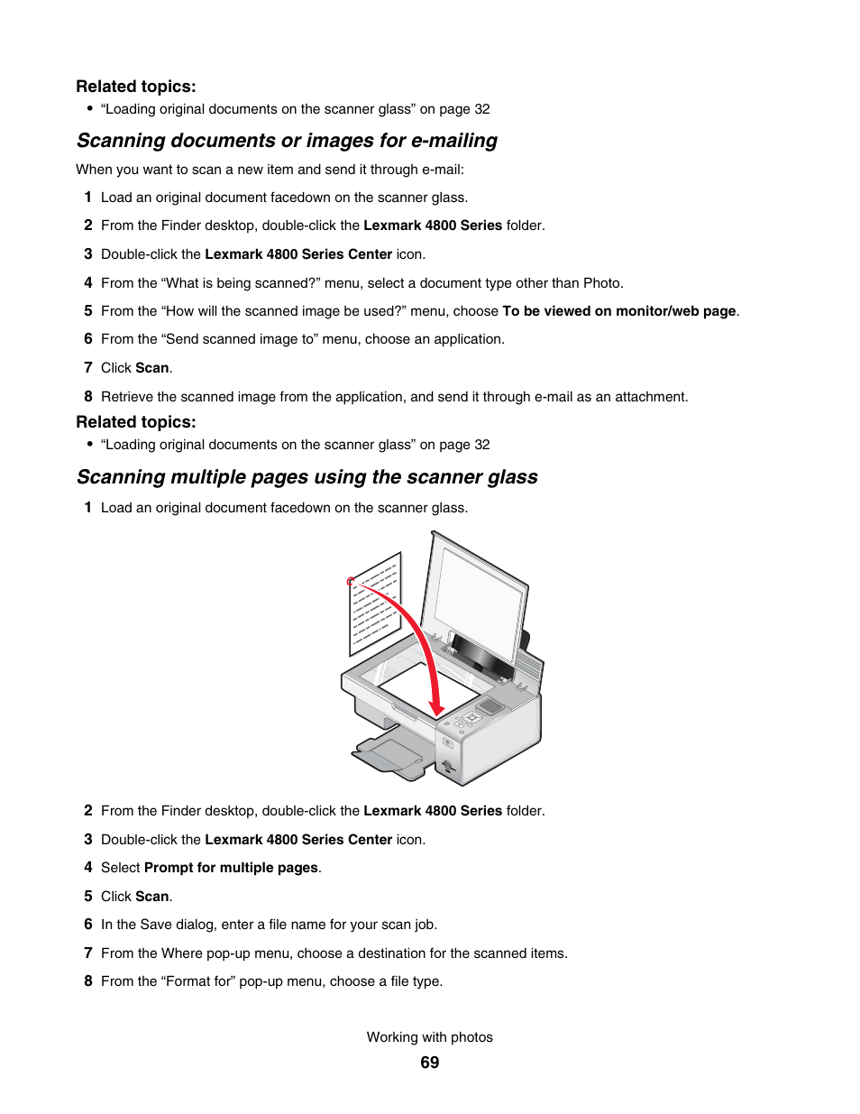 Scanning documents or images for e-mailing, Scanning multiple pages using the scanner glass | Lexmark 4800 User Manual | Page 69 / 166