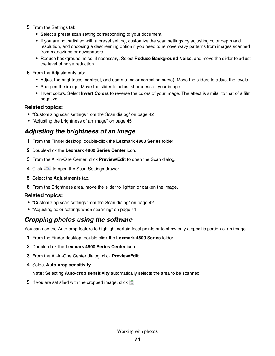 Adjusting the brightness of an image, Cropping photos using the software | Lexmark 4800 User Manual | Page 71 / 166