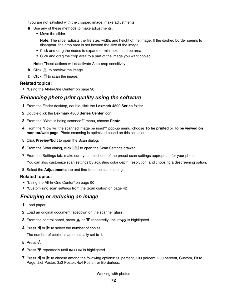 Enhancing photo print quality using the software, Enlarging or reducing an image | Lexmark 4800 User Manual | Page 72 / 166