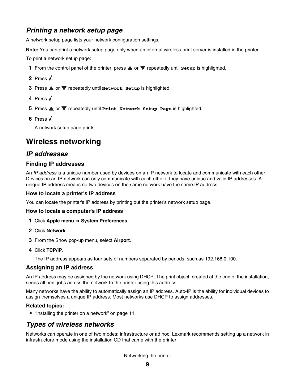 Wireless networking, Ip addresses, Types of wireless networks | Printing a network setup page | Lexmark 4800 User Manual | Page 9 / 166
