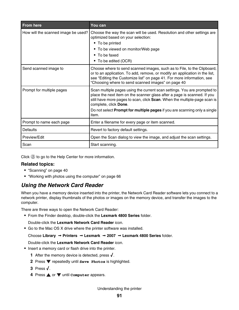 Using the network card reader | Lexmark 4800 User Manual | Page 91 / 166