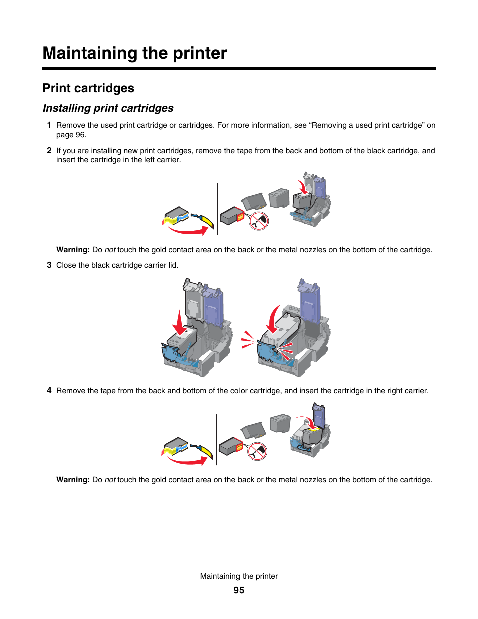 Maintaining the printer, Print cartridges, Installing print cartridges | Lexmark 4800 User Manual | Page 95 / 166