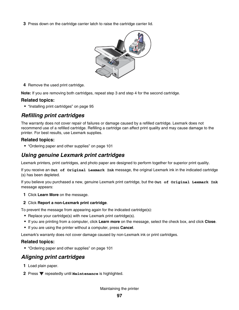 Refilling print cartridges, Using genuine lexmark print cartridges, Aligning print cartridges | Lexmark 4800 User Manual | Page 97 / 166