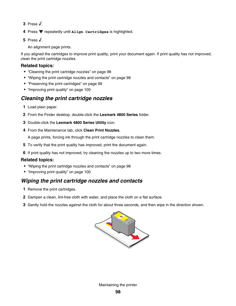 Cleaning the print cartridge nozzles, Wiping the print cartridge nozzles and contacts | Lexmark 4800 User Manual | Page 98 / 166