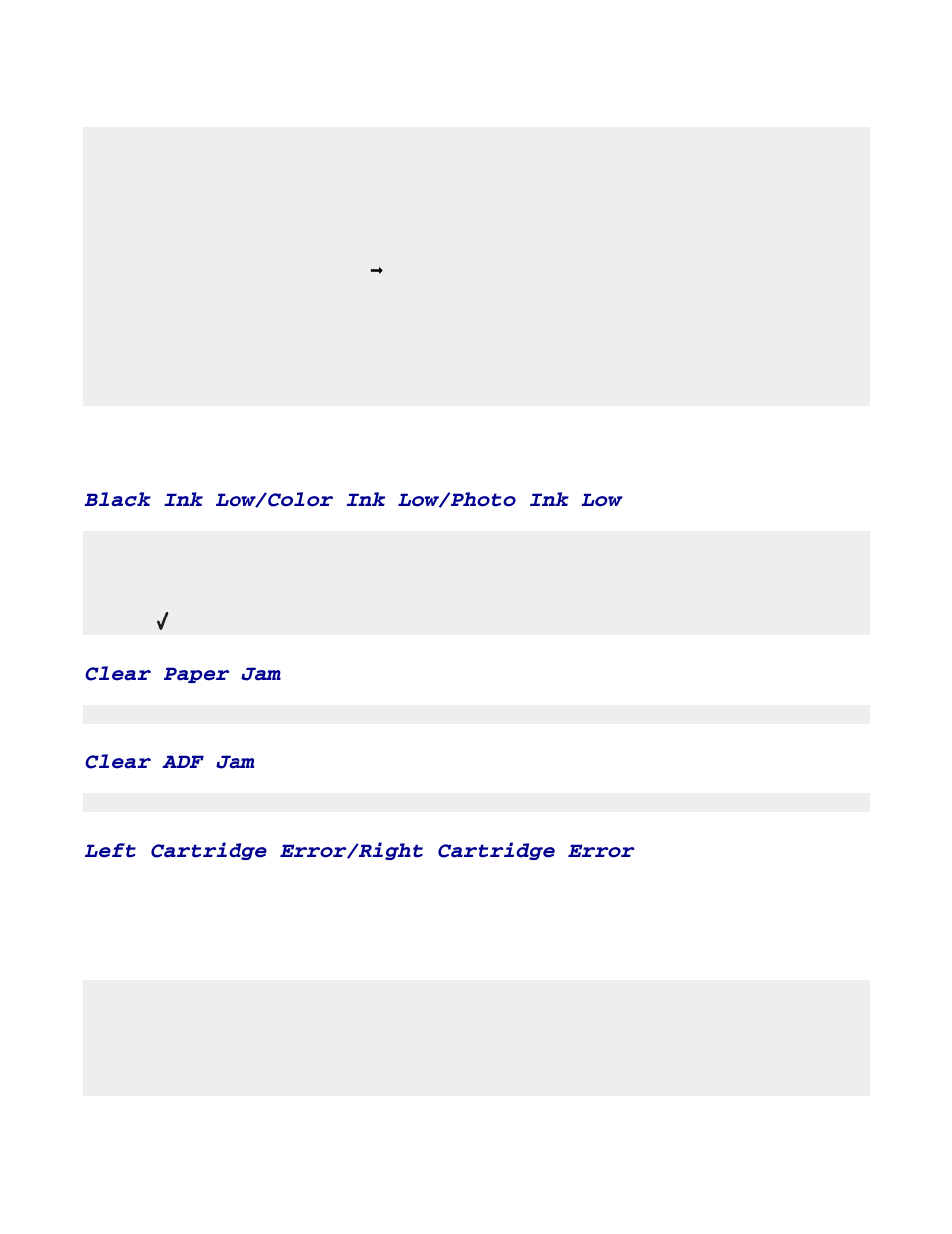 Banner paper jams, Error messages, Black ink low/﻿color ink low/﻿photo ink low | Clear paper jam, Clear adf jam, Left cartridge error/﻿right cartridge error, Black ink low/color ink low/photo ink low, Left cartridge error/right cartridge error | Lexmark 7300 Series User Manual | Page 94 / 112