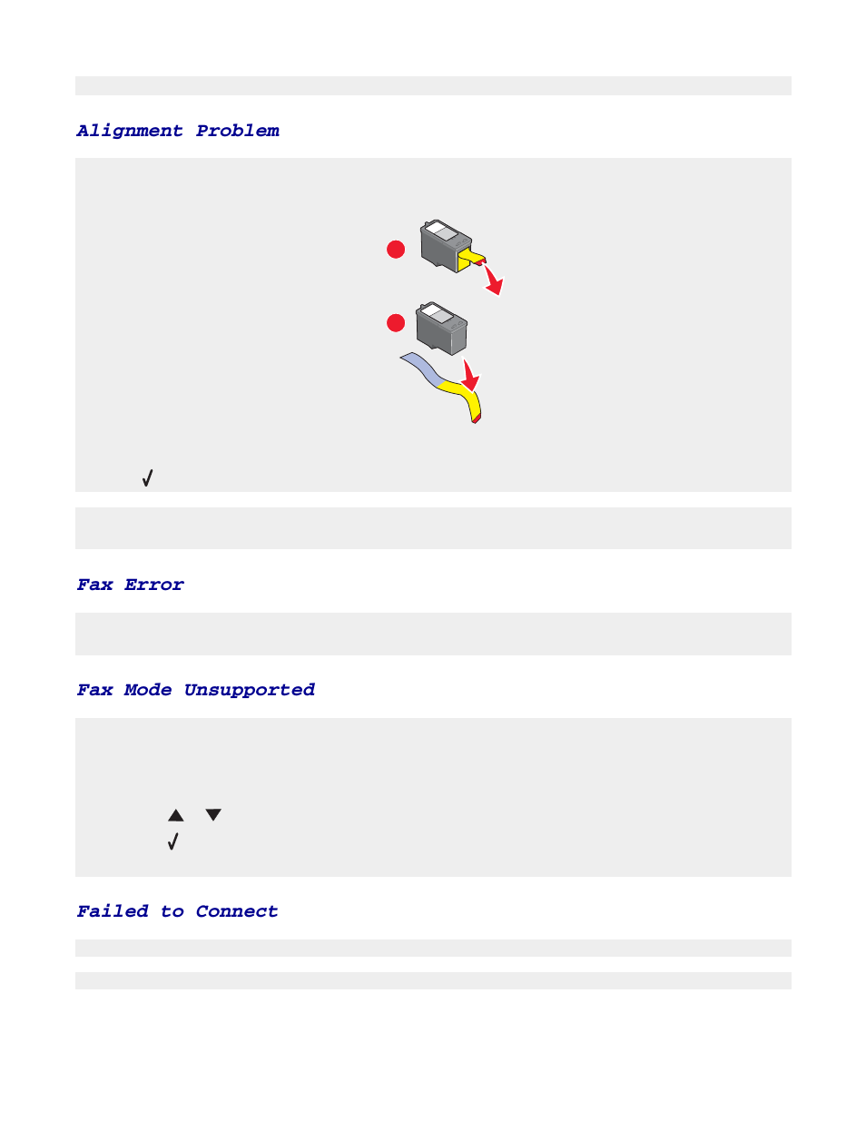 Alignment problem, Fax error, Fax mode unsupported | Failed to connect | Lexmark 7300 Series User Manual | Page 97 / 112