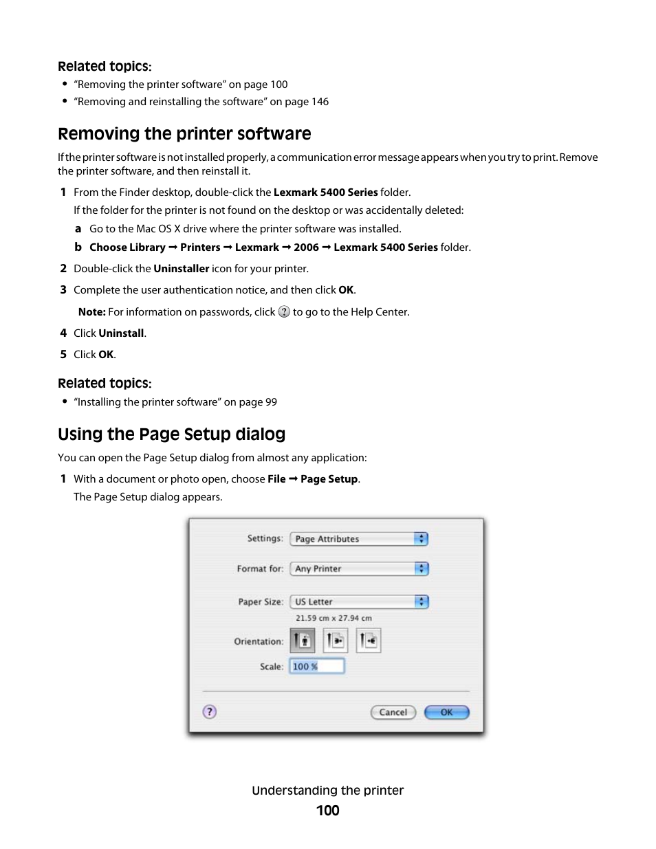 Removing the printer software, Using the page setup dialog | Lexmark 5400 Series User Manual | Page 100 / 155