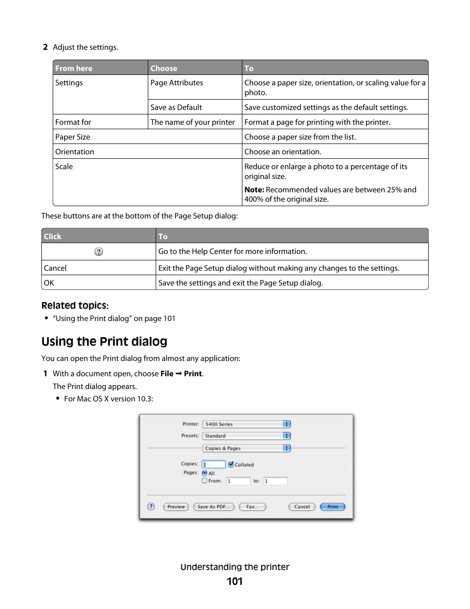 Using the print dialog | Lexmark 5400 Series User Manual | Page 101 / 155