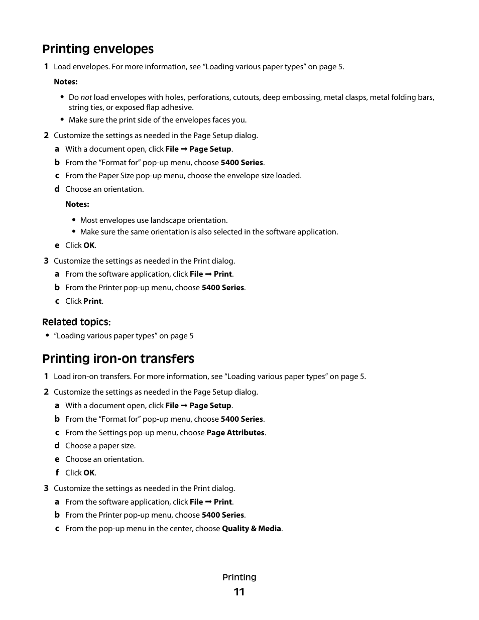Printing envelopes, Printing iron-on transfers | Lexmark 5400 Series User Manual | Page 11 / 155
