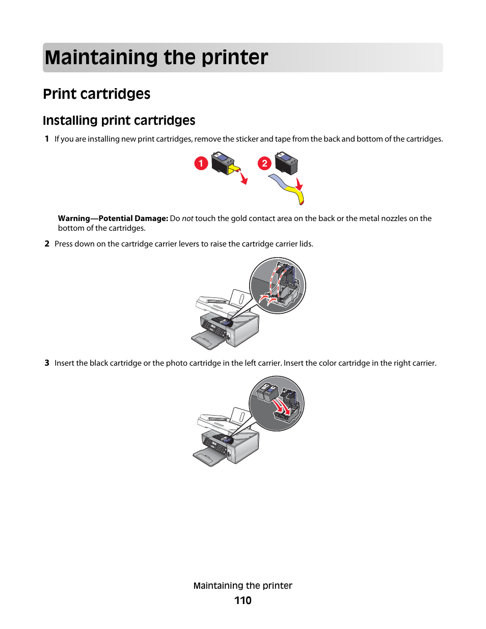 Maintaining the printer, Print cartridges, Installing print cartridges | Lexmark 5400 Series User Manual | Page 110 / 155