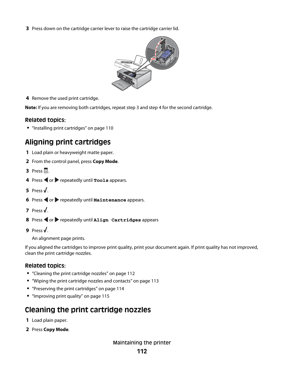Aligning print cartridges, Cleaning the print cartridge nozzles | Lexmark 5400 Series User Manual | Page 112 / 155