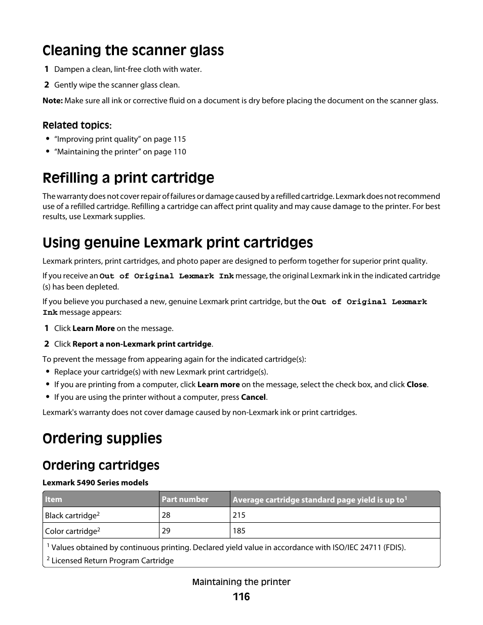 Cleaning the scanner glass, Refilling a print cartridge, Using genuine lexmark print cartridges | Ordering supplies, Ordering cartridges | Lexmark 5400 Series User Manual | Page 116 / 155