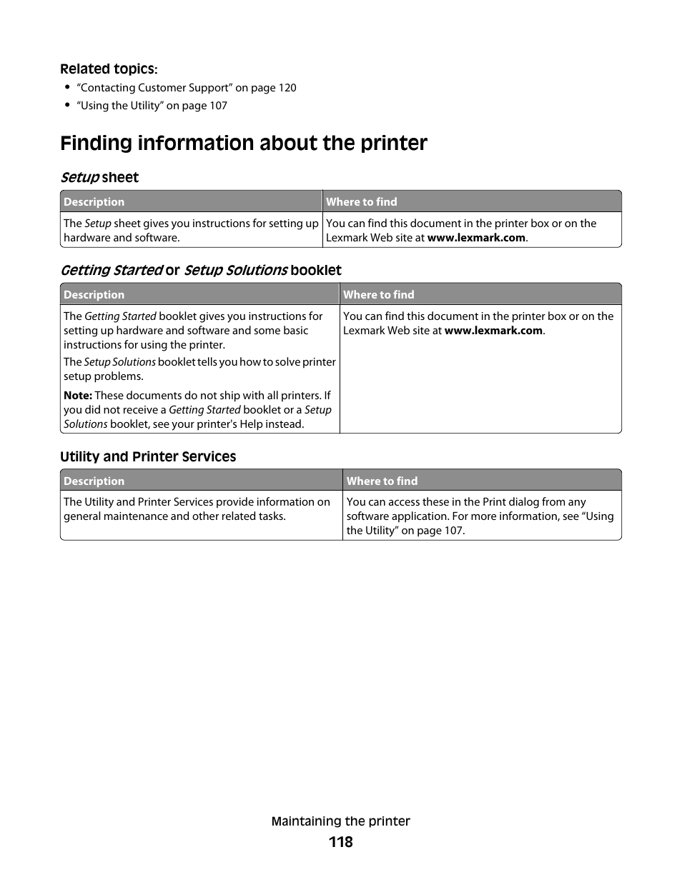 Finding information about the printer | Lexmark 5400 Series User Manual | Page 118 / 155