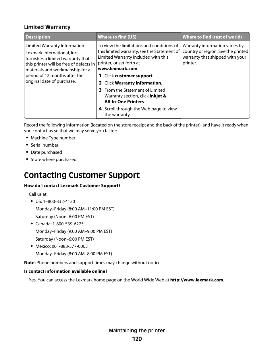 Contacting customer support | Lexmark 5400 Series User Manual | Page 120 / 155
